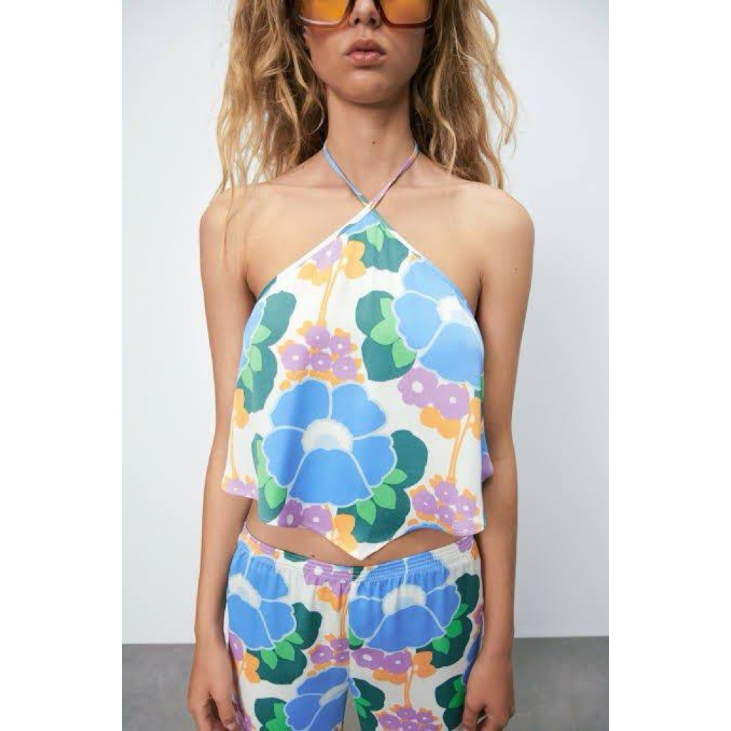 Zara Halter Neck Floral Tank Zara Summer Cropped Tank Crop Flower Top Backless Tied Tanktop