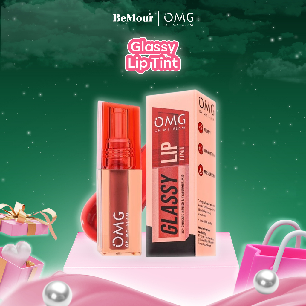 OMG OH MY GLAM - GLASSY LIP TINT ( 2 g ) - Liptint Warna Intense Tahan 12 Jam Skincare Infused & Hya