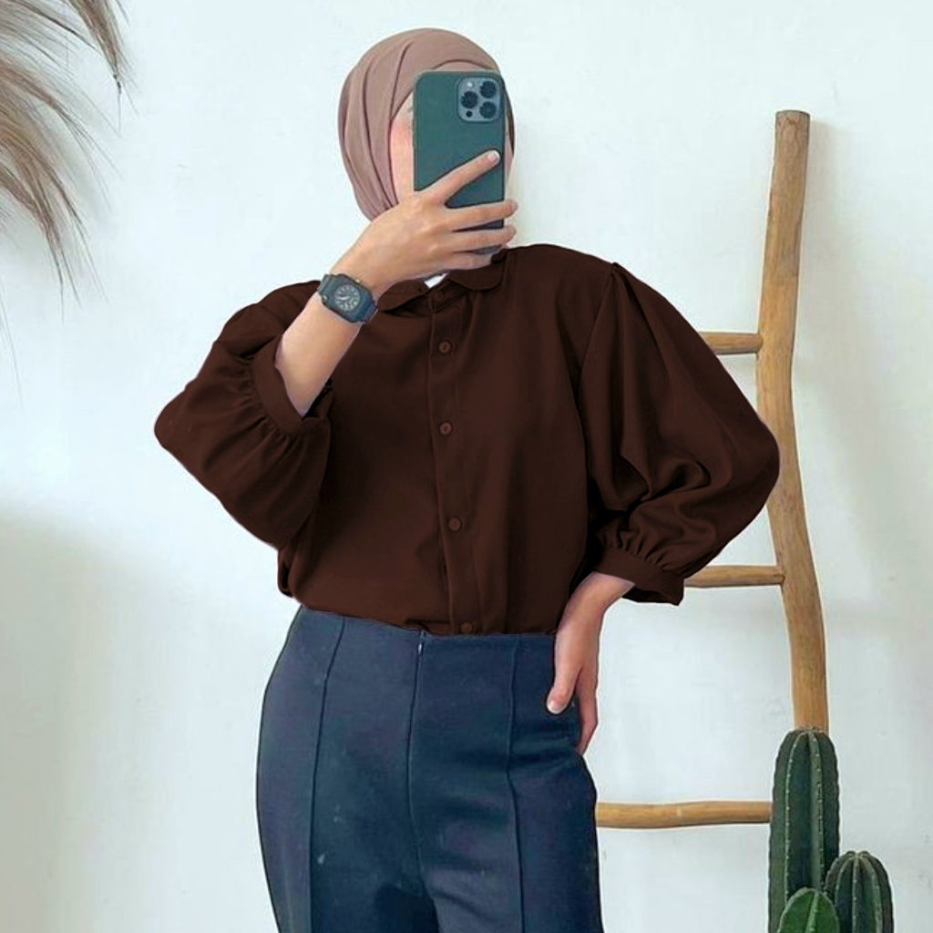 Elze Blouse Polos Wanita Lengan Balon Premium Basic Formal Bahan Shakila Twill