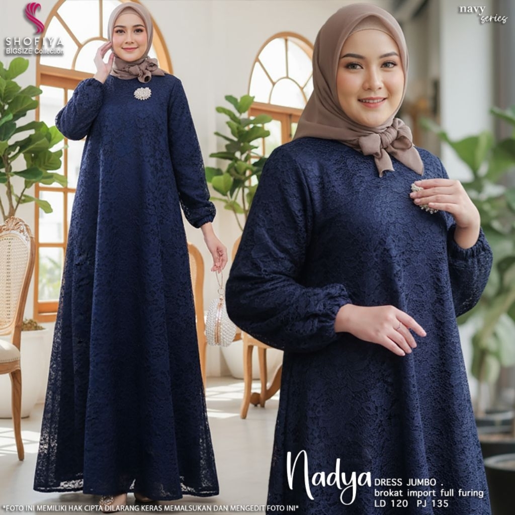 Dress Jumbo Pakaian Wanita Nadya Brokat Import Full Furing Ori By Shofiya