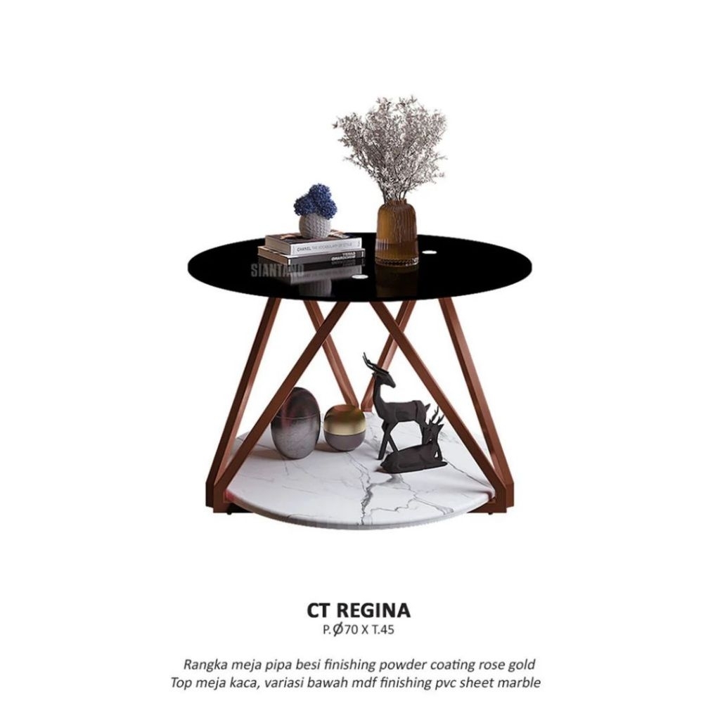 CT REGINA - Meja Tamu Minimalis Coffee Table Rangka Pipa Besi Finishing Powder Coating Rose Gold Top
