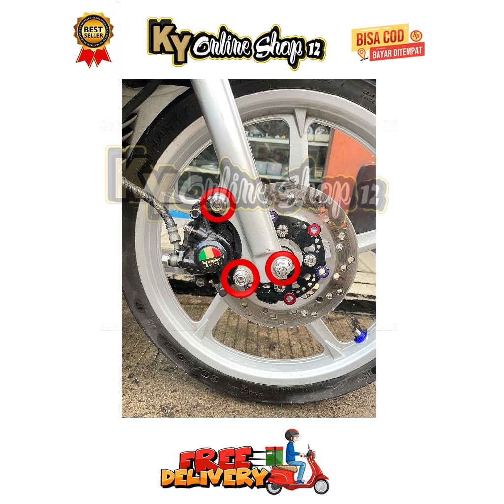 BAUT BREKET + AS RODA KALIPER DEPAN ( 3 BAUT ) MIO SMILE SPORTY SOUL FINO KARBU TAHUN 2003 - 2011 OL