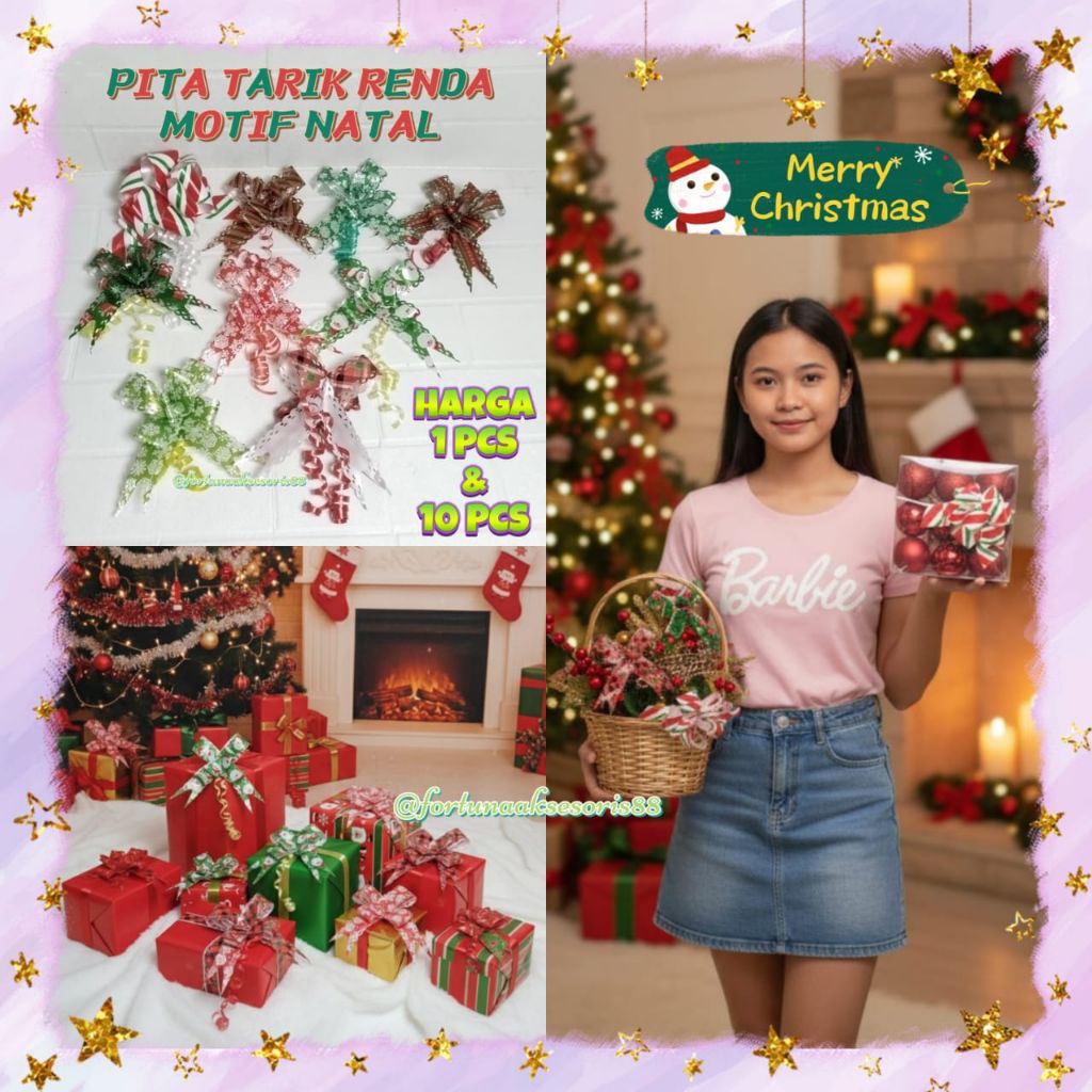 (1&10PCS) PITA TARIK RENDA EDISI NATAL MOTIF TERBARU / PITA SERUT NATAL SANTA CLAUS KADO / PITA TARI