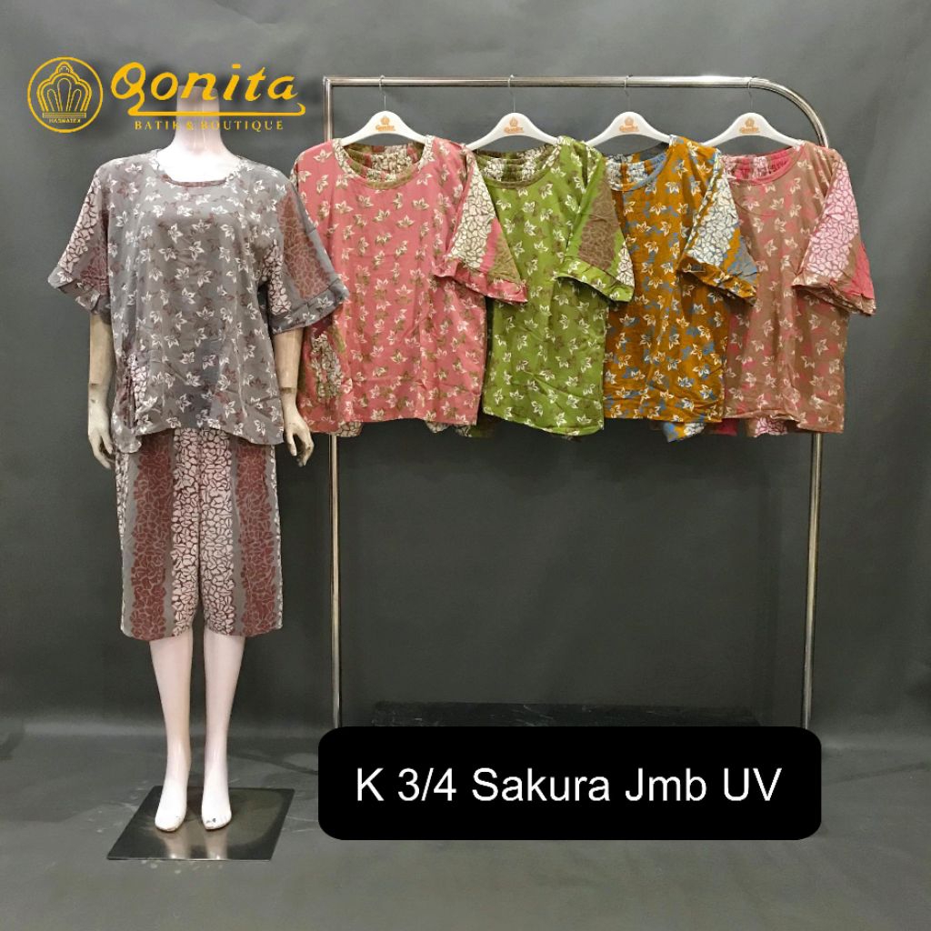 {LD 122 CM} Setelan Daster Qonita Batik Pekalongan ll K 3/4 Sakura Setelan Celana Jumbo Uv