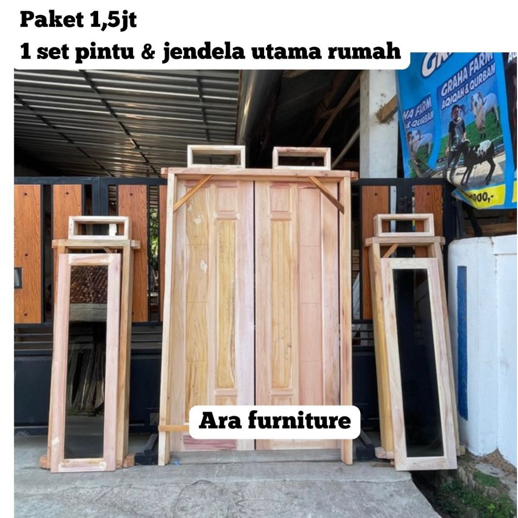 Paket Pintu Utama Dan Jendela Rumah 1 Set, Pintu Kuputarung dan jendela Kayu Mahoni