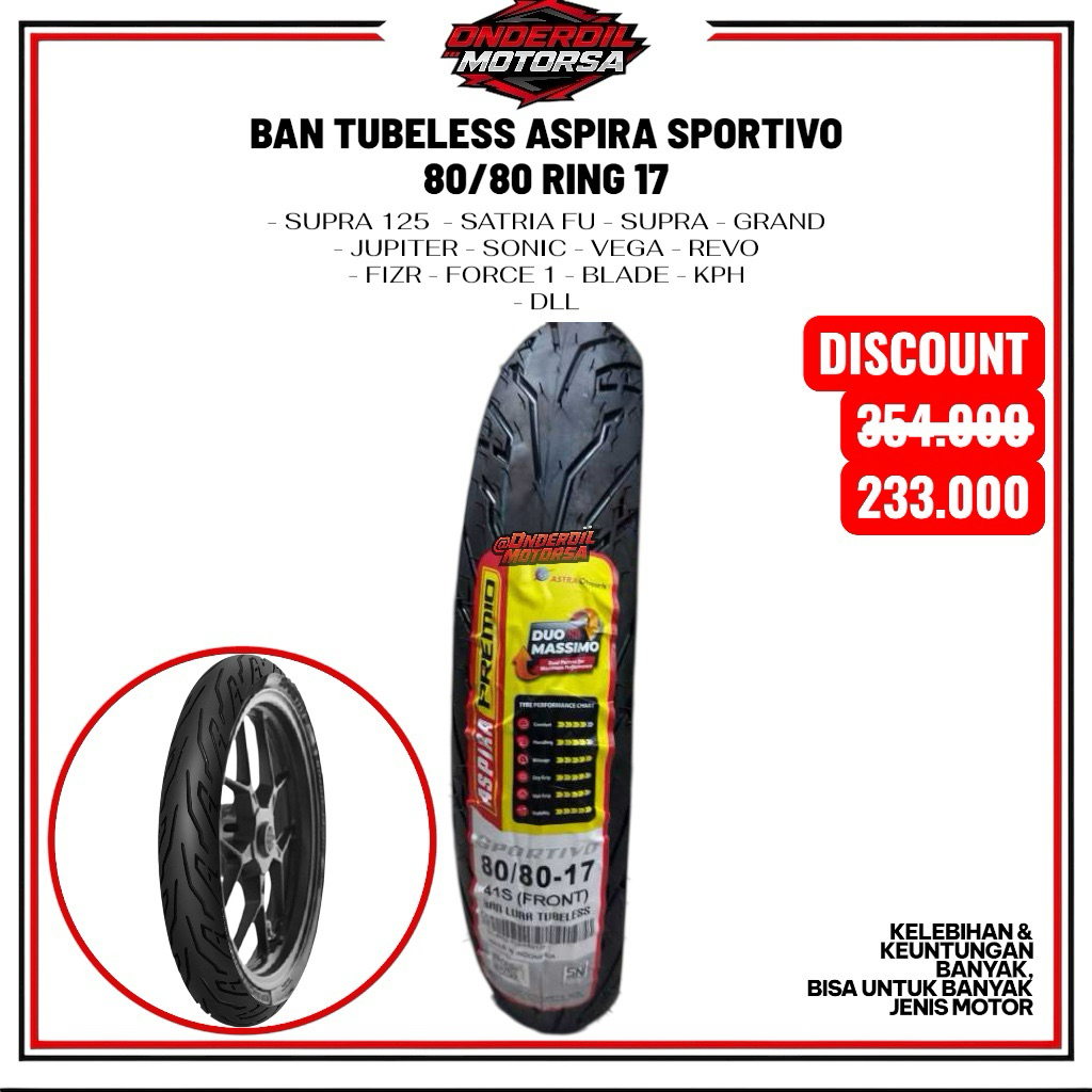 Aspira Premio Sportivo 80/80-17 RING 17 F Tubeless Ban SUPRA 125 GRAND SATRIA FU JUP F1 FIZR MX KING