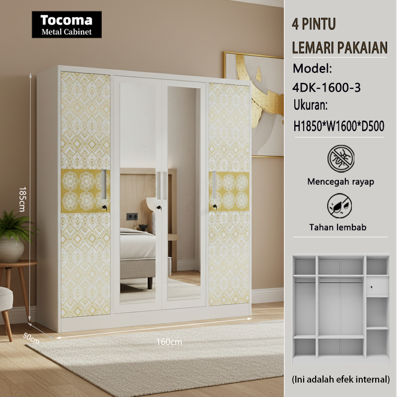 Tocoma  | Lemari Pakaian Besi Sliding Door Cermin  | Lemari Baju 4 Pintu