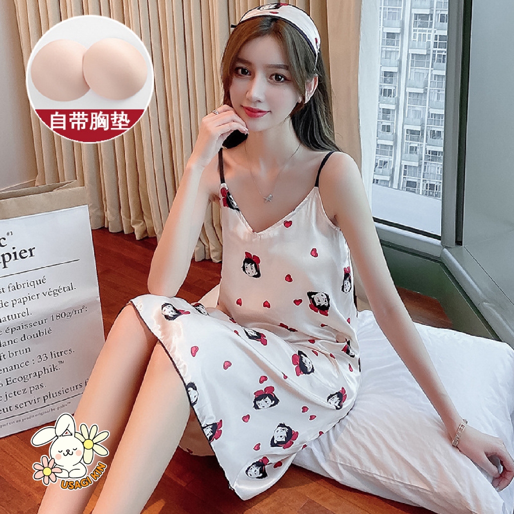 Daster Satin Wanita Motif Cute Girl Cewek Import – Nightdress Dress Tidur Sexy Lingerie Slip Dress S
