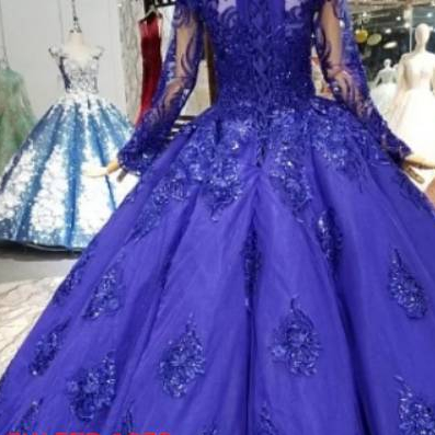 Gaun Wedding Pengantin Elegan Tinggi Leher Afrika Muslim Renda Royal Blue   LENGAN PANJANG