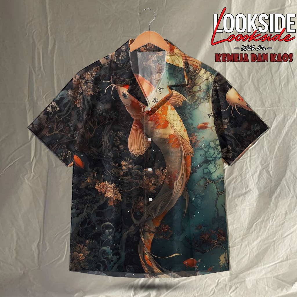 LOOKSIDE Kemeja Pria Japanese Style – Baju Keren Motif Ikan Koi Lukisan | LOK224