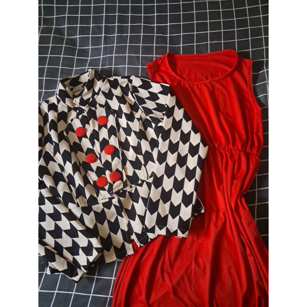 Set Blazer Outer Cardigan + Gamis Dress Wanita - Preloved