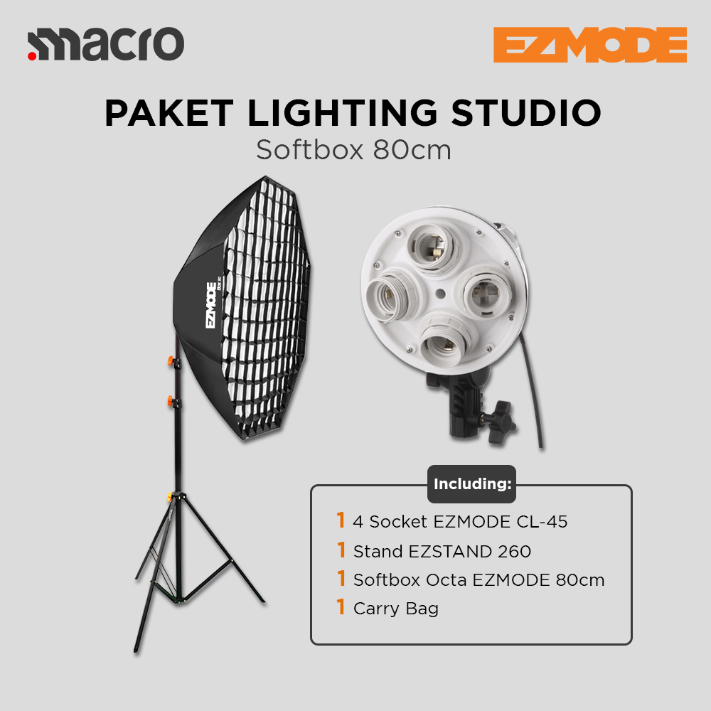 EZMODE Studio Lighting Stand + 4 Socket Octagon Softbox 80cm with Grid