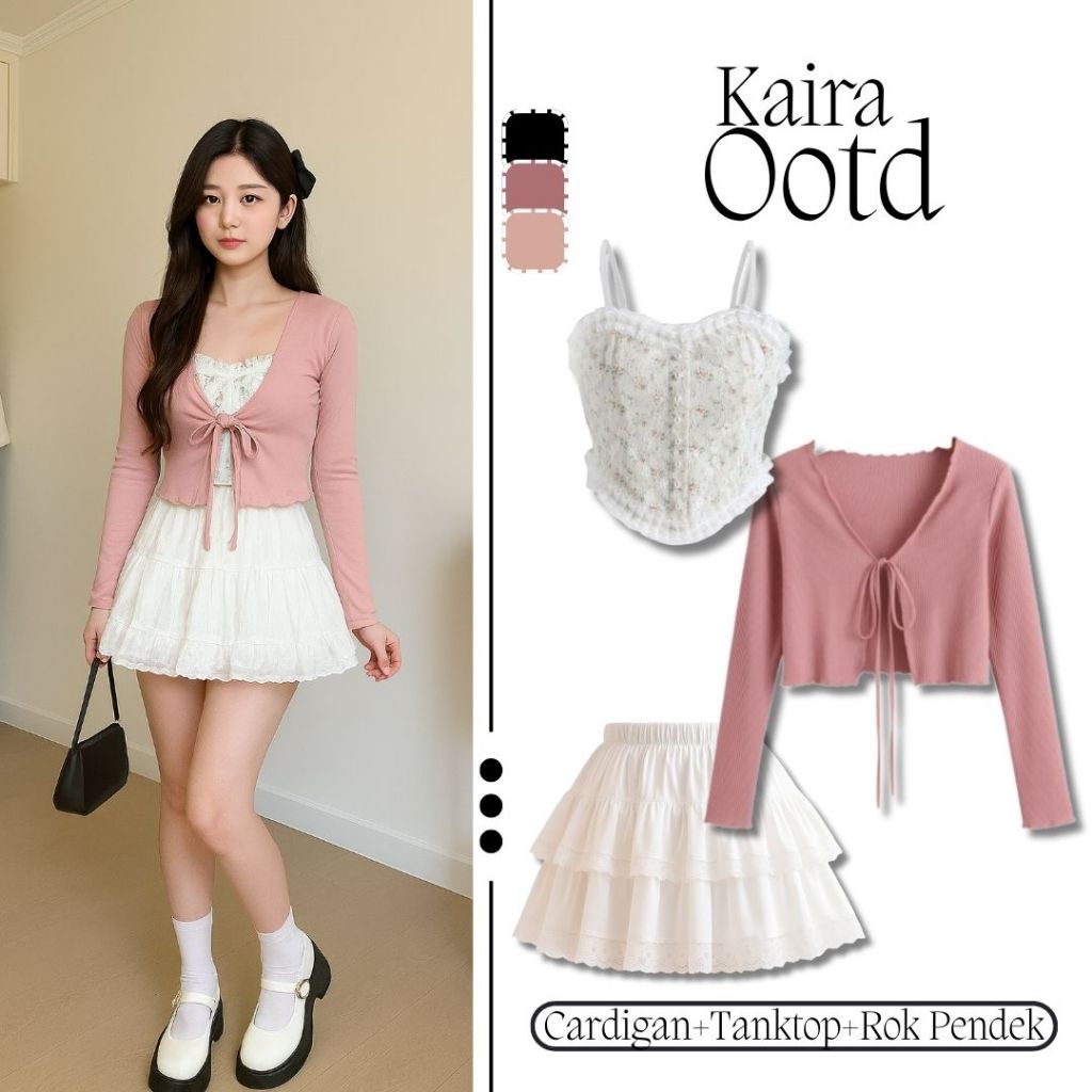 Setelan Shoujo Kaira 3in1 [Cardigan+Vintage Tanktop+Rok Pendek] One Set Korean Look,Cocok Buat Yang 