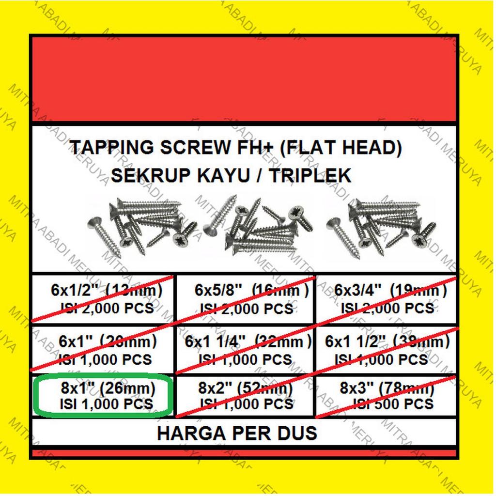Sekrup Kayu Sekrup Tapping Screw FH 8 x 1" (26 mm) 1 DUS