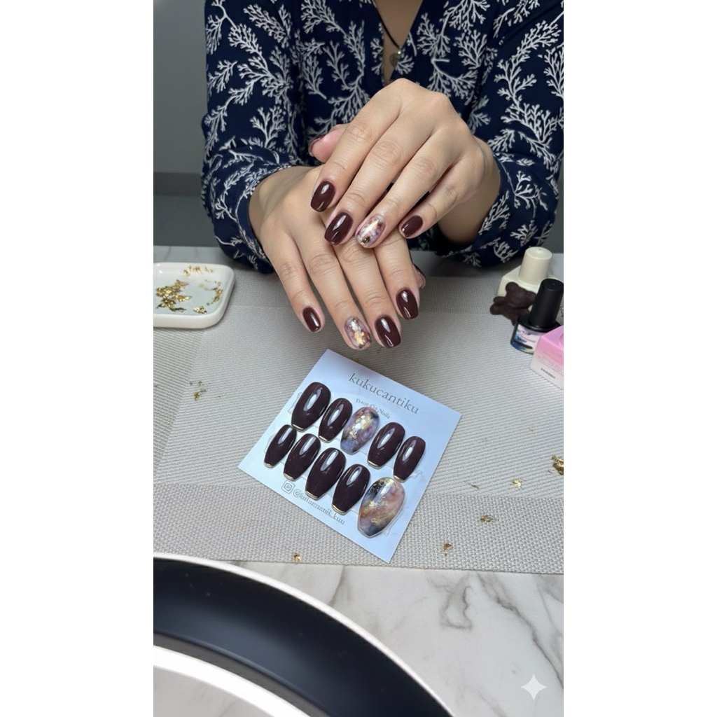 kuku palsu nail art + lem | kuku palsu warna cokelat mahogany | nail art mahogany | press on nail om