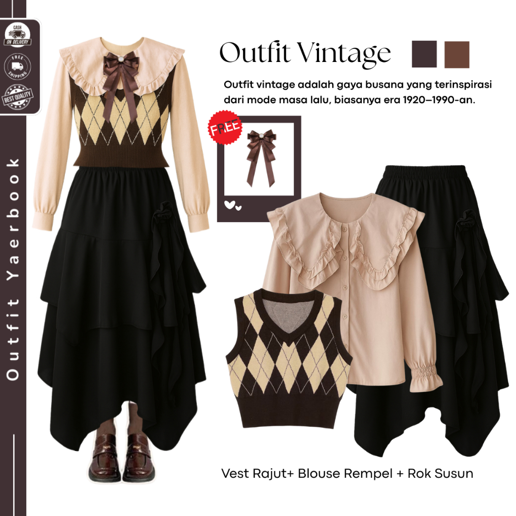 Outfit Vintage Yearbook Viral ( Vest Diamond + Blouse + Rok Susun) OOTD Yearbook Kekinian - FO57