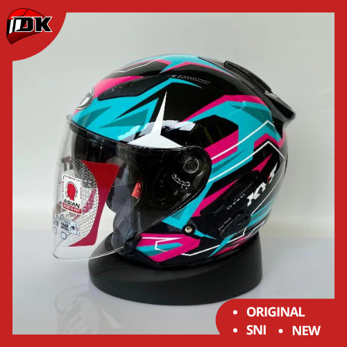HELM HALF FACE KYT GALAXY FLAT R MOTIF WAVES BLACK BLUE ORIGINAL DOUBLE VISOR HITAM BIRU PINK