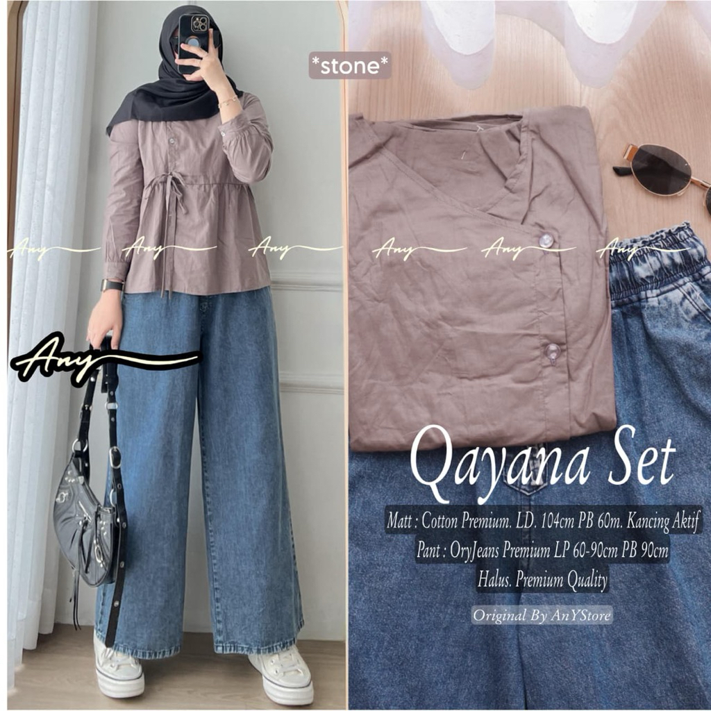 qayana one set wanita kekinian by A.N.Y tunik garis garis celana jins cutbray celana kulot highwais 