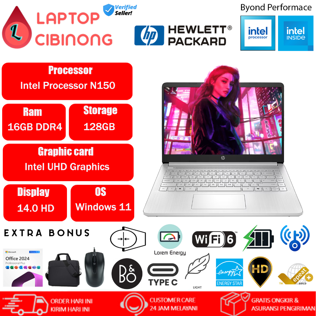 Laptop Baru Hp 14 - DQ0804 Intel Core N150 Ram 16GB Windows 11 Office 2024 Silver