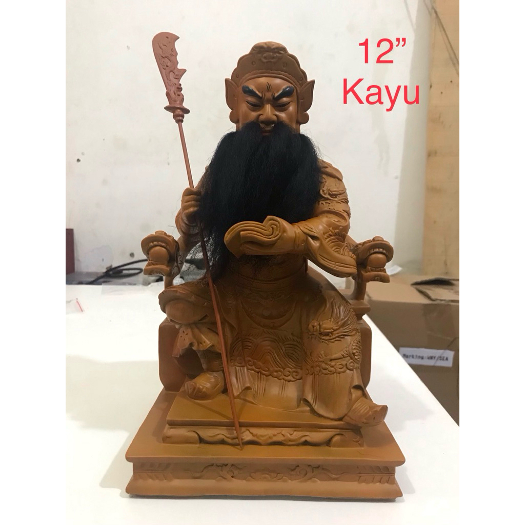 patung kwankong - guan gong duduk 12in kayu polos