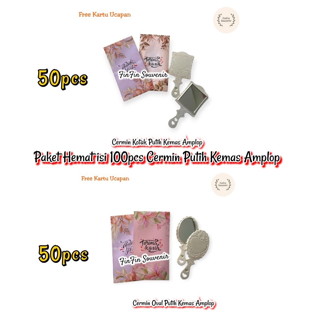(isi 100pcs) Souvenir Cermin / Kaca Putih Kemas Amplop Bonus Kartu ucapan terimakasih / paket hemat 