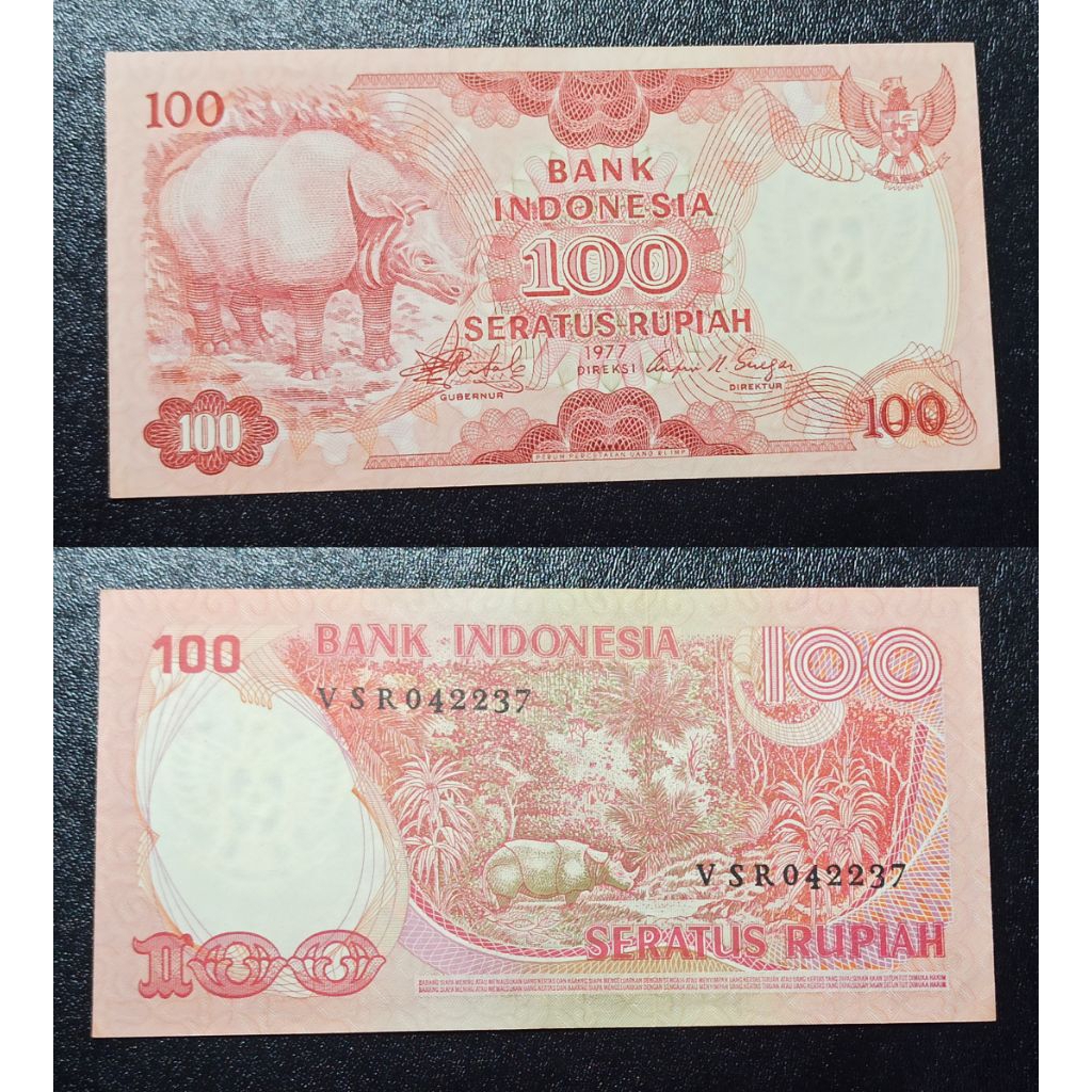 uang kuno Indonesia 100 rp badak 1977 p2374