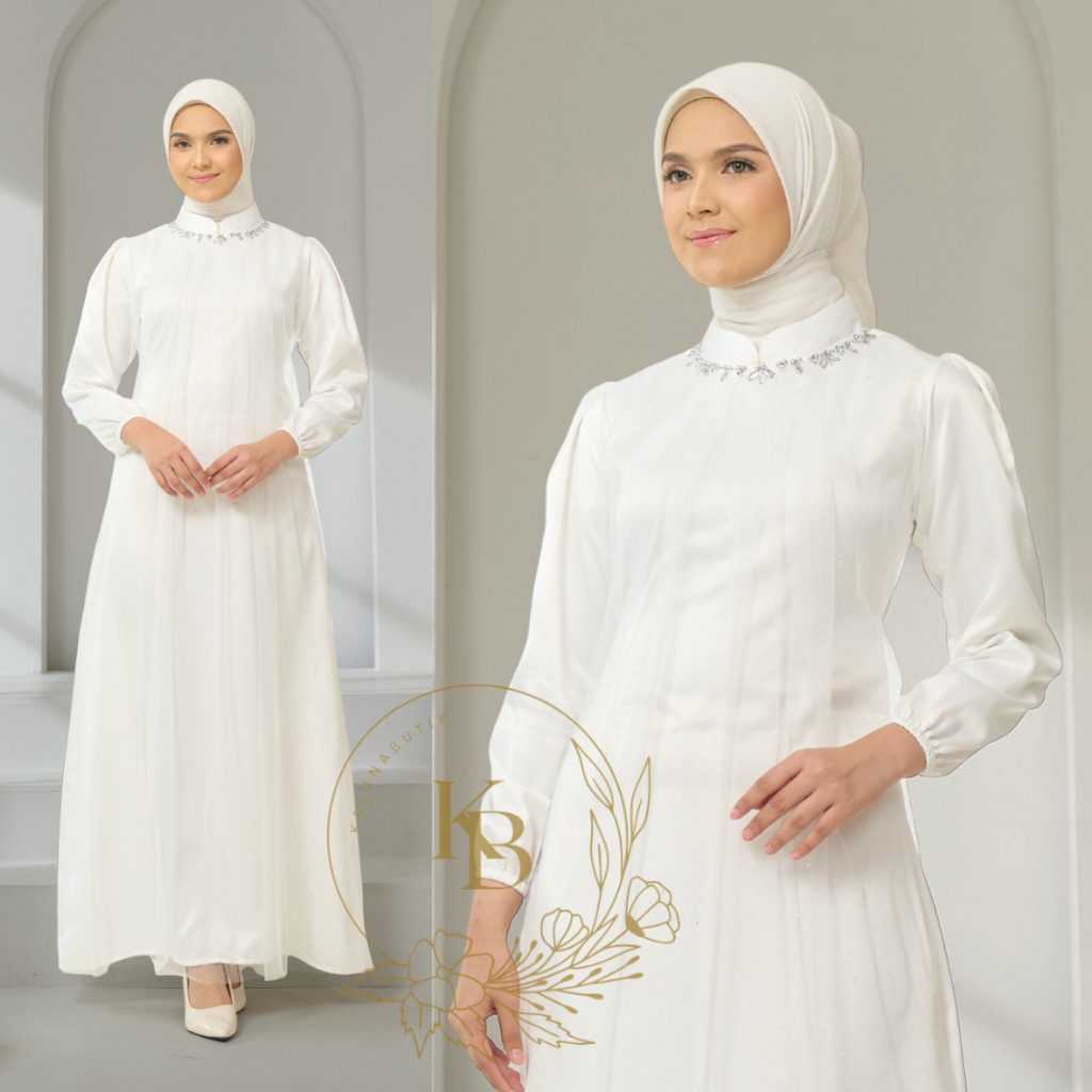 [ORI] Gamis Elena Putih Payet Mewah Adem – Gamis Lebaran Premium Fit di Badan by Kalunabutik | Gamis