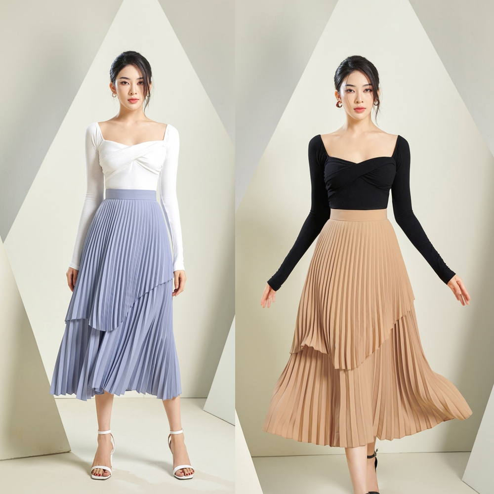 Chello Arya Pleated Midi Skirt in Matte Frost Blue & Nude Beige [vyloved preloved]