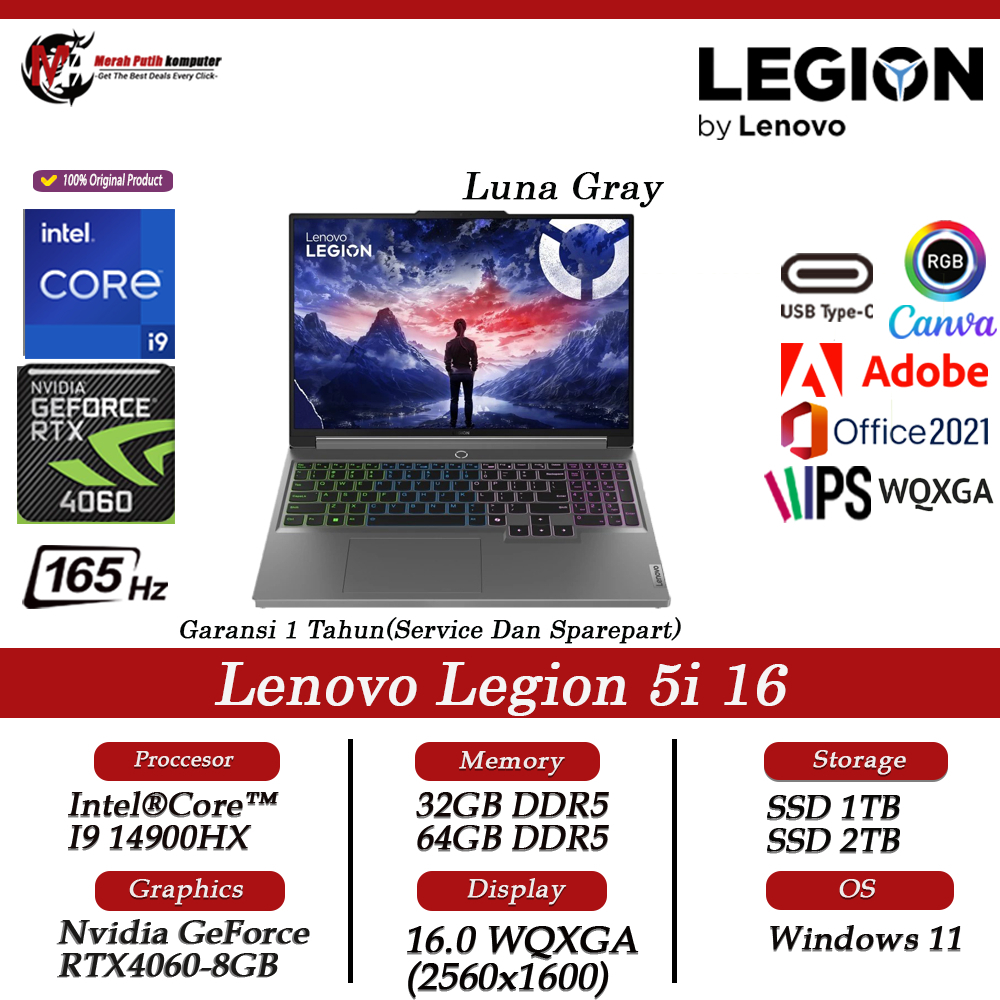 Laptop Gaming Murah Lenovo Legion 5i 16 Intel Core I9 Gen14 64GB 2TB RTX4060 16Inch WQXGA 165Hz W11