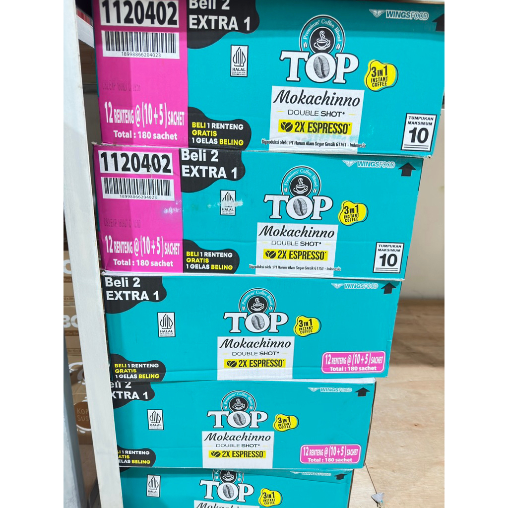 ( Free 1lusin Gelas kaca ) 1dus TOP MOCCACHINO ISI 180sachet ( 12 x 15 x 22g )