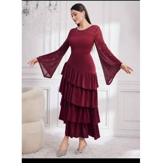 Dress abaya Dubai marun umpak-umpak bertingkat