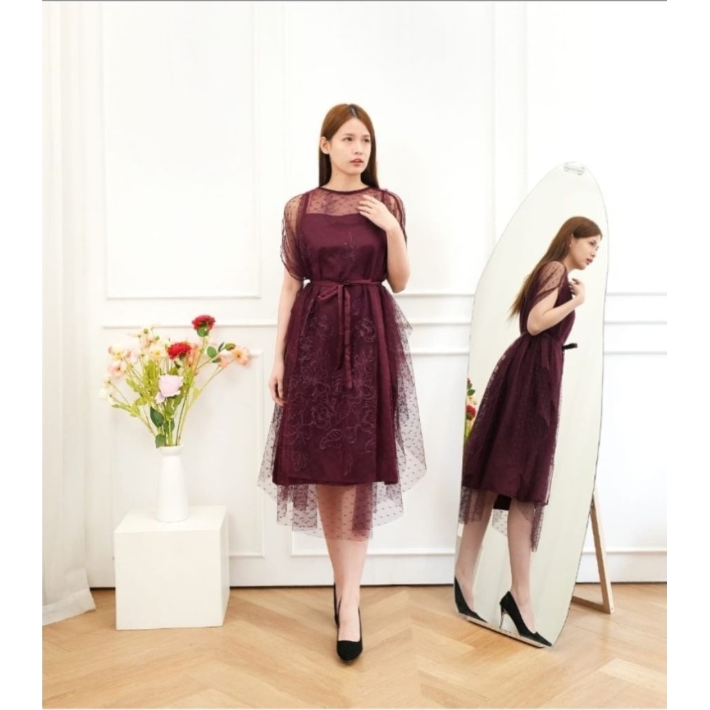 dress maggie size M L XL Inner Tanktop Matt Velvet Resleting Belakang Outer Model Kalong Matt Tile D