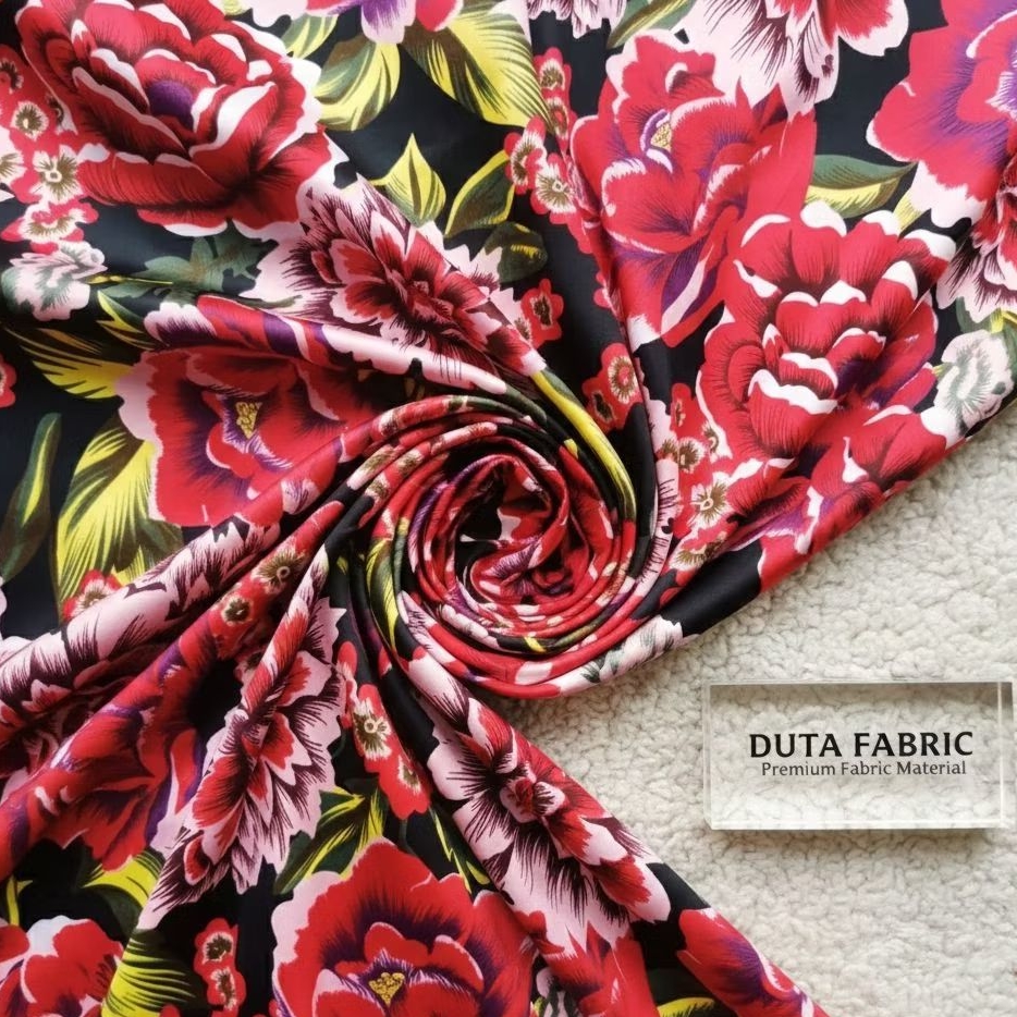 Kain Satin Silk Motif Bunga Peony Merah Hitam Premium lebar 150cm (Harga Per 0,5)3R