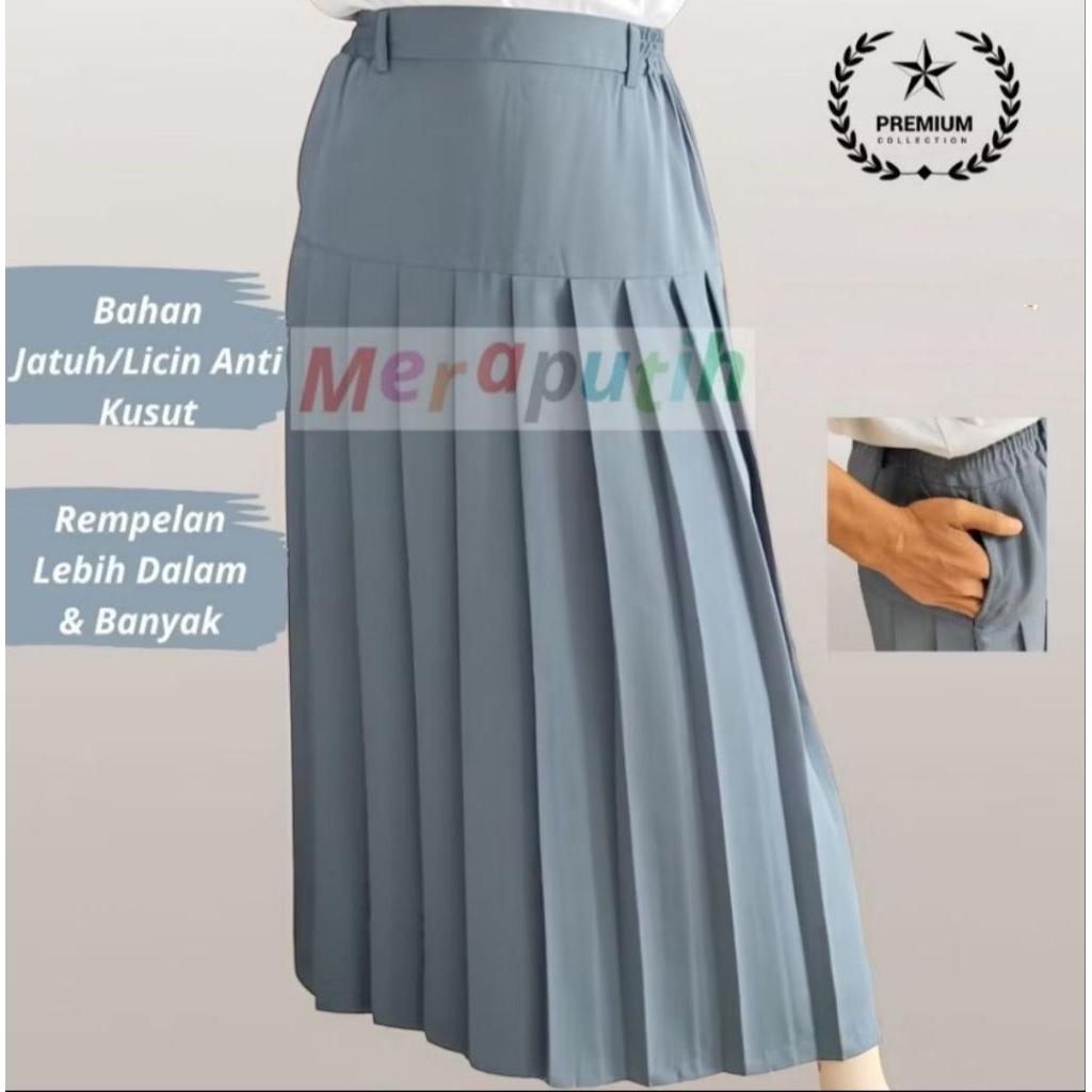 Rok Rempel Panjang Abu SMA Bawah Pinggang Bahan Licin/Jatuh