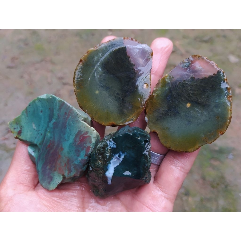 bahan lempengan batu akik pancawarna ijo lumut garut borongan hemat 4 bahan siap di olah