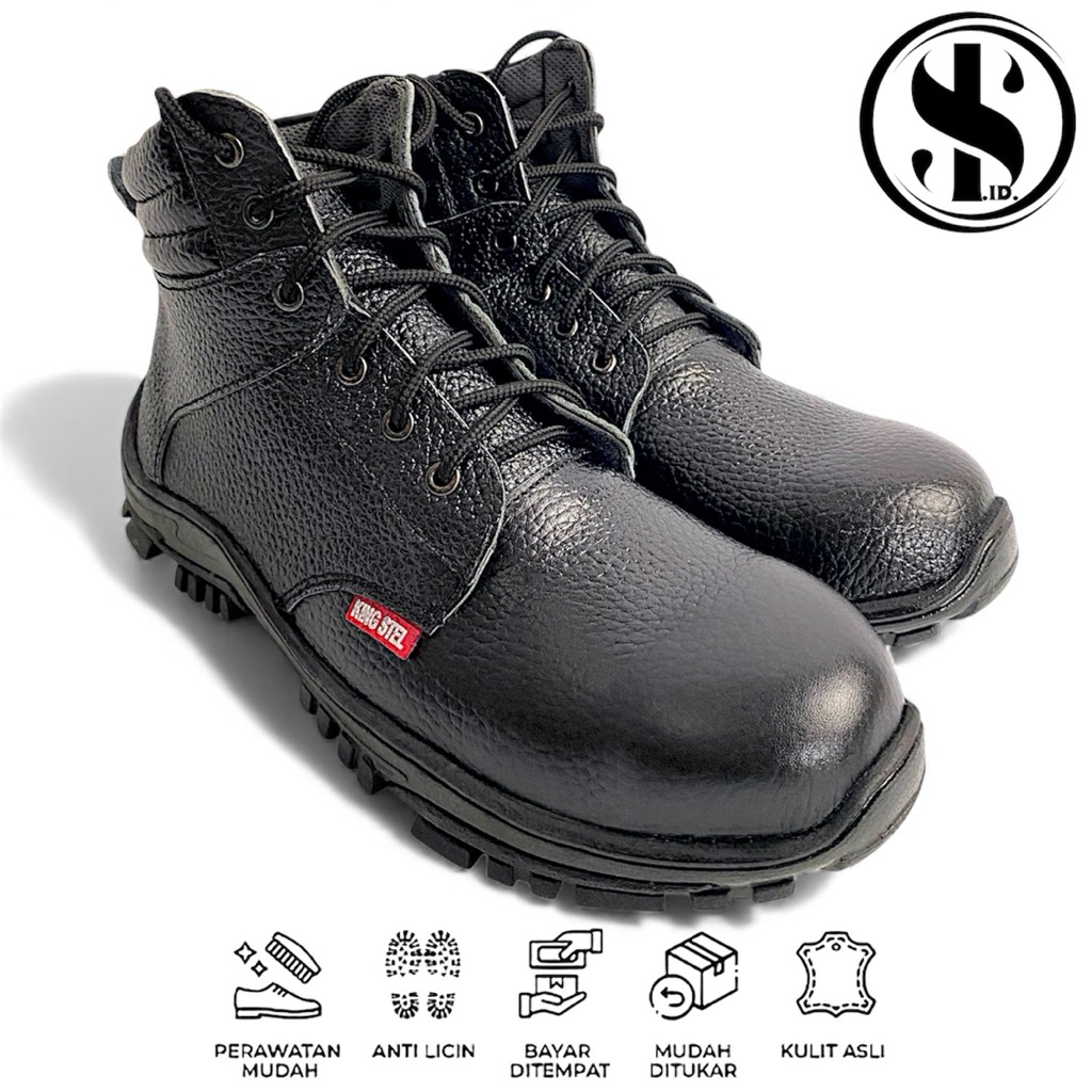 Sepatu Boot King Steel 100% Kulit Asli Sepatu Safety Tali Ujung Besi Sol Dijahit Melingkar Sepatu Pr