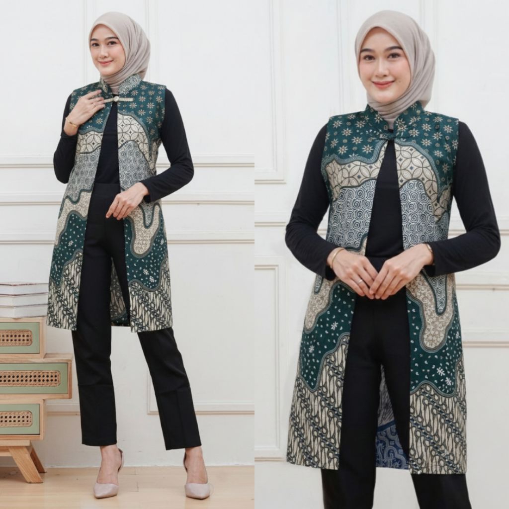 Blazer Batik Wanita Modern Atasan Outer Batik Long Cardi Tanpa Lengan Terbaru
