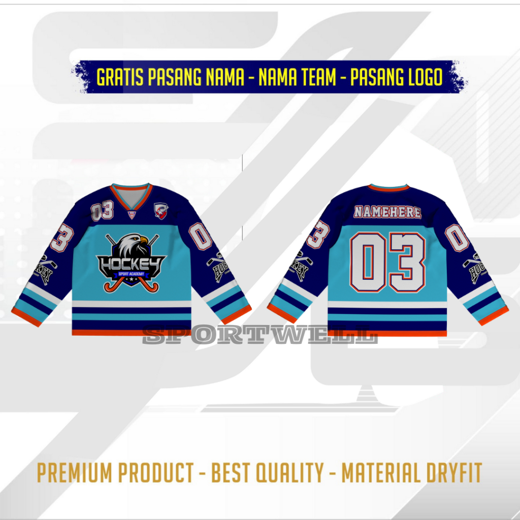 JERSEY BASEBALL HOCKEY BLUE NAVY FULL PRINTING TANGAN PANJANG GRATIS PASANG NAMA JERSEY CUSTOM