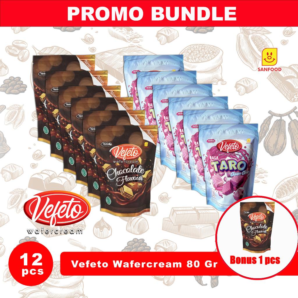 PROMO BUNDLE VEFETO WAFER CREAM 80GR - 6 PCS COKLAT DAN 6 PCS TARO FREE 1 PCS