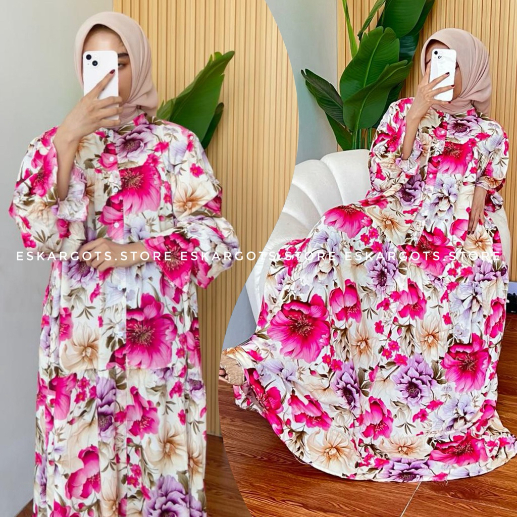 Gamis Rayon motif Bunga Gamis Lengan Balon Gamis Rayon Premium Lengan Smoke