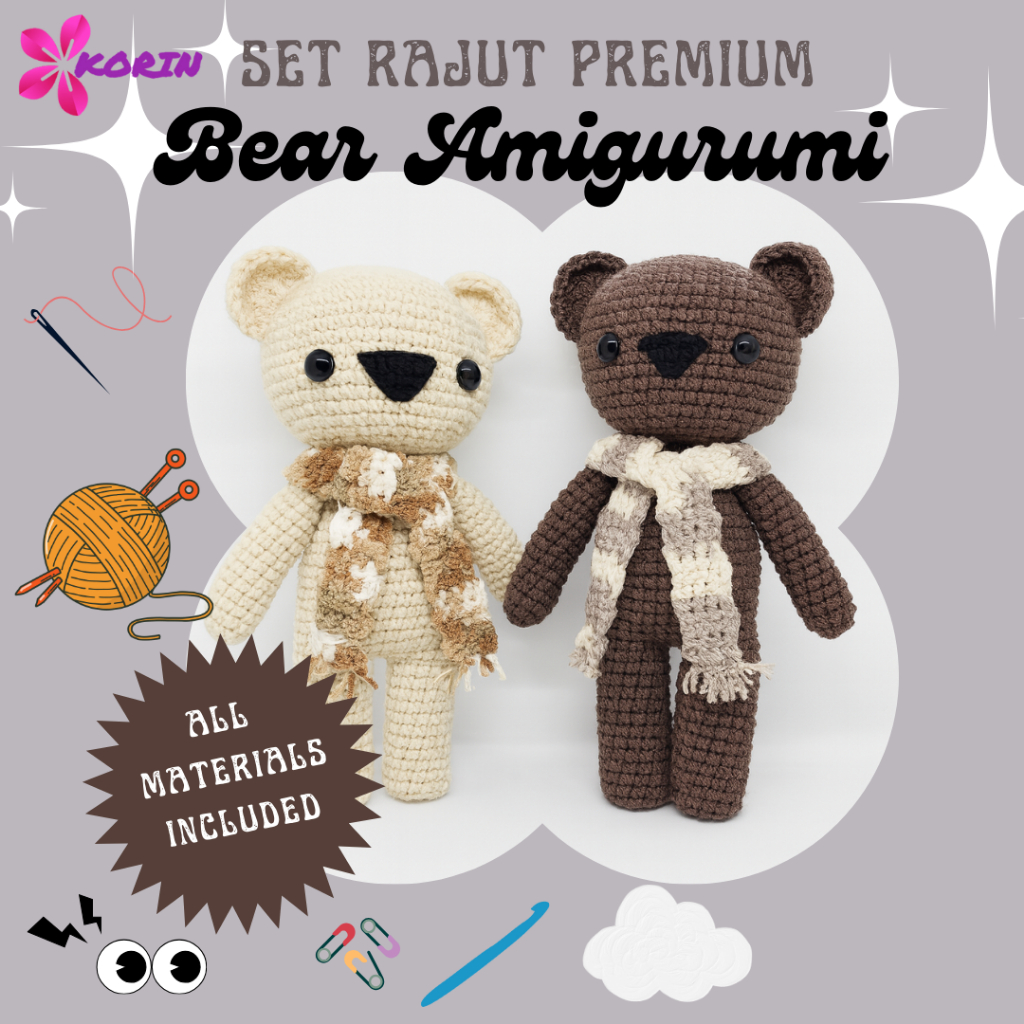 SET RAJUT PREMIUM BEAR AMIGURUMI / DIY CROCHET AMIGURUMI BERUANG (FREE PATTERN)