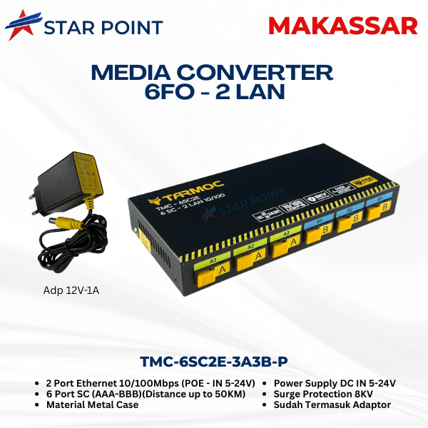 Tarmoc TMC-6SC2E-P Media Converter 6FO 2LAN / 6 FO 2 LAN 10/100Mbps POE IN 5-24 Volt | 6 SC 2 LAN / 