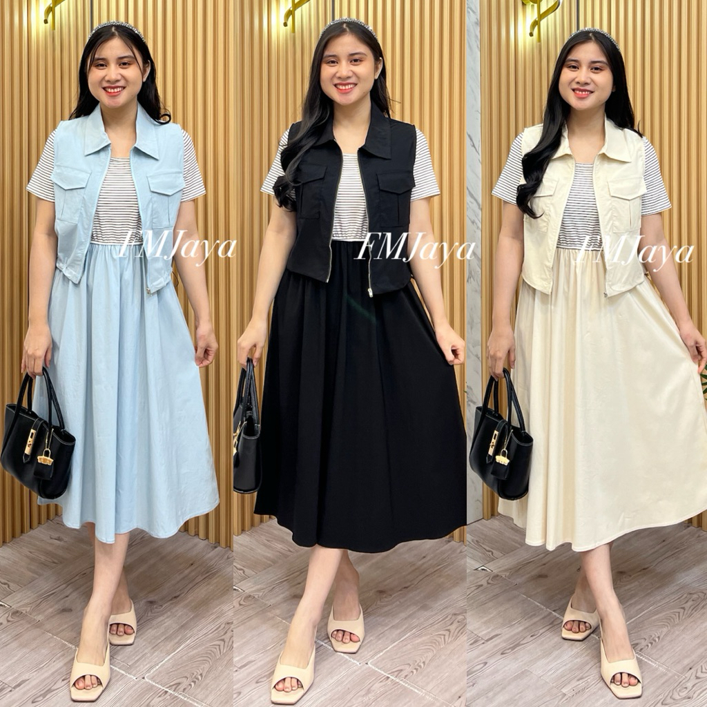 DRESS + OUTER WANITA PREMIUM 9860 || SET DRESS DENGAN OUTER || DRESS + OUTER TRENDY || MIDI DRESS RO