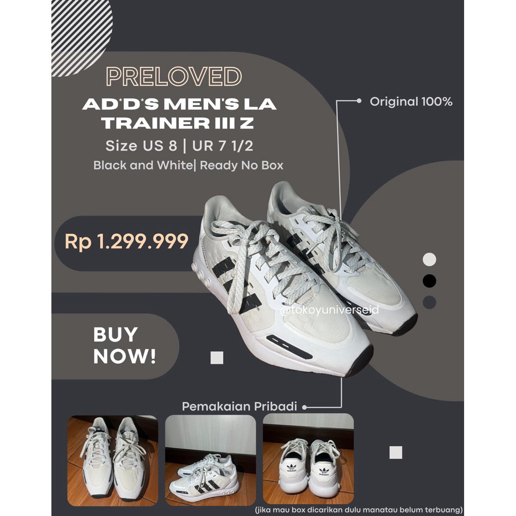 PRELOVED AD*D*S MEN’s LA TRAINER III Z BLACK WHITE SIZE US 8
