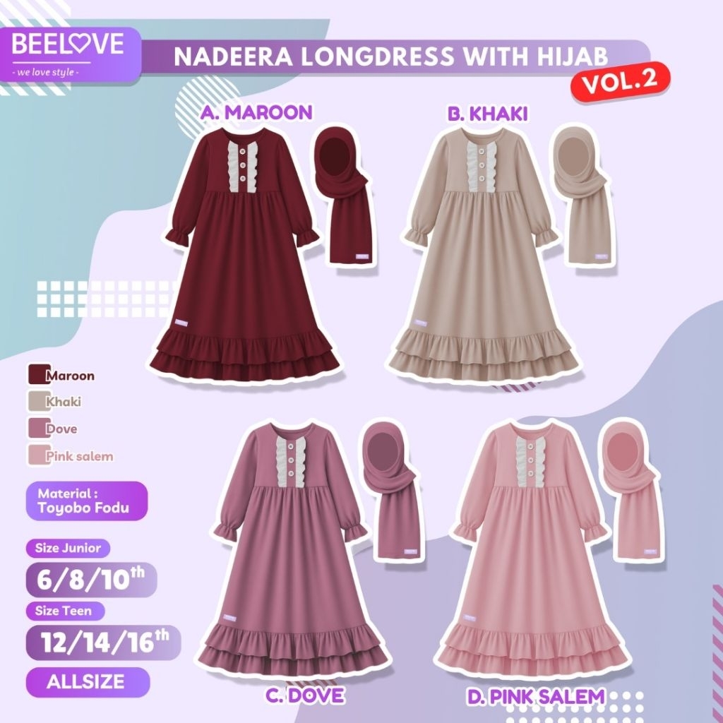 Beelove Nadeera Longdress Gamis with hijab anak perempuan usia 6 sampai 15 tahun