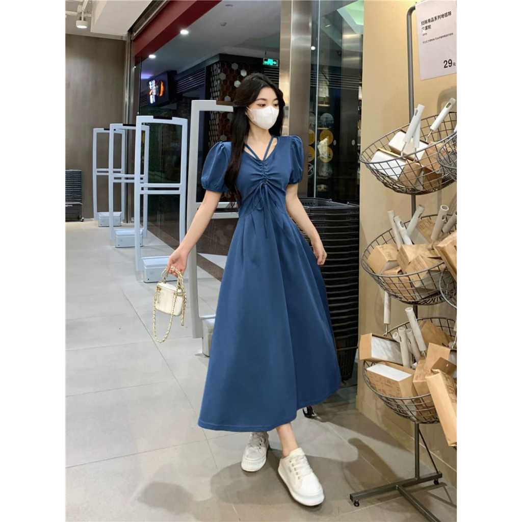 Gaun Wanita Panjang Elegan Model Korea Polos Serut Depan dan Karet Belakang untuk Pesta Kondangan