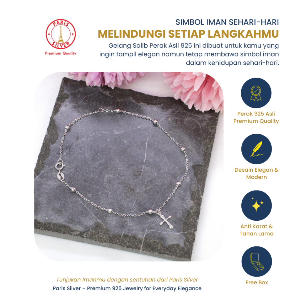 Gelang Salib Perak Asli 925 | Gelang Silver Wanita Lapis Emas Putih | Gelang Salib Minimalis