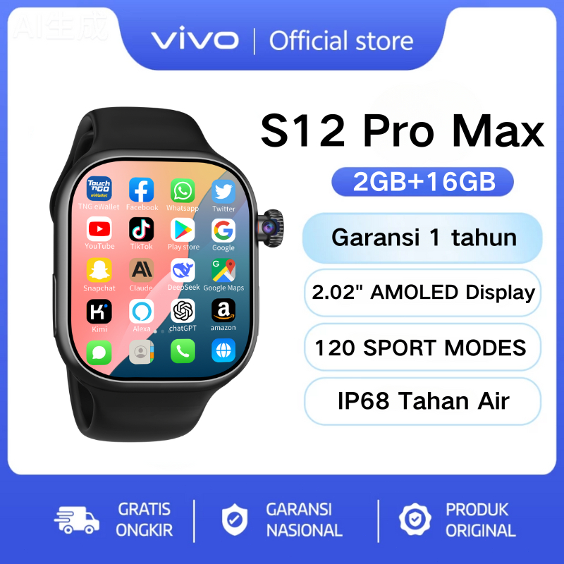 4G Sim card  VIVO Samrt watch S12 Pro Max  Original with 2.02" HD AMOLED Display GPS NFC Waterproof 