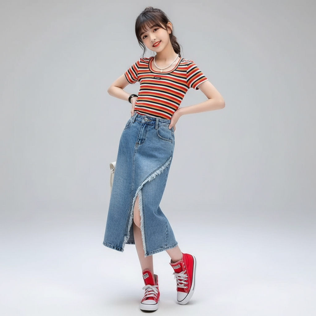 CIRCLEKID.ID Setelan Rok Anak tanggung Cewek Import Kekinian Bahan Katun Usia 5-10 Tahun Rok Jeans