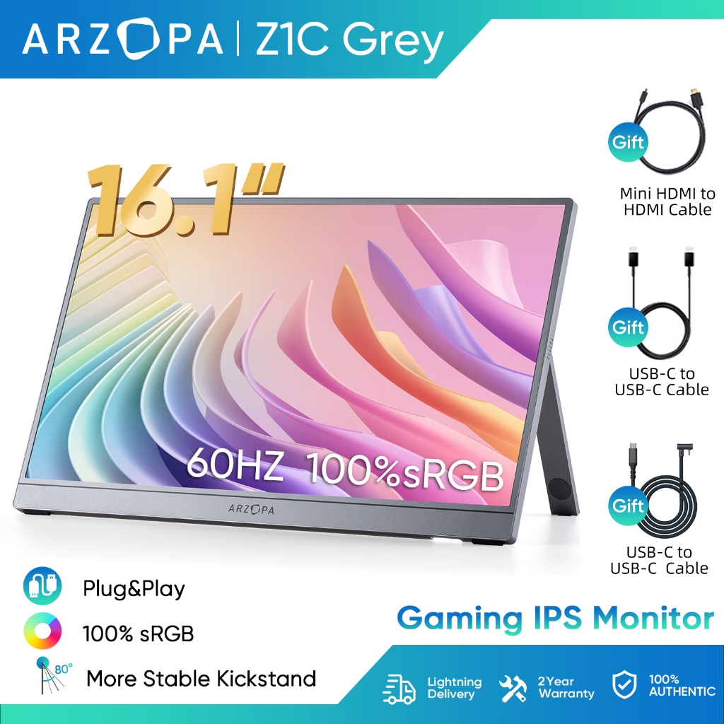 (Official Store) ARZOPA Z1C Grey - Monitor Gaming Portabel 16.1" 100% sRGB dengan Kickstand, Layar I